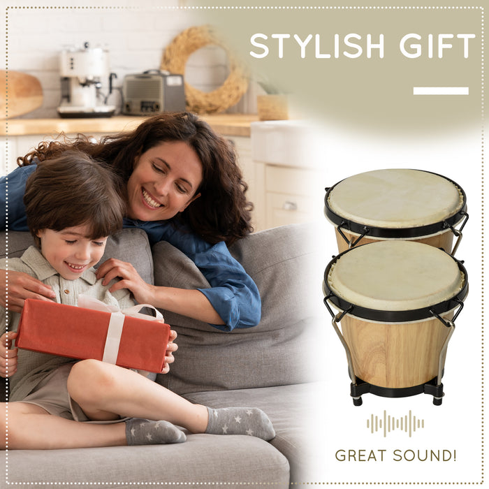 Wooden Bongo Drum Set with Sheepskin Heads - Φ7.75" & Φ7" Percussion Instrument Set with Tuning Wrench - Ideal for Kids and Adults Learning Rhythms