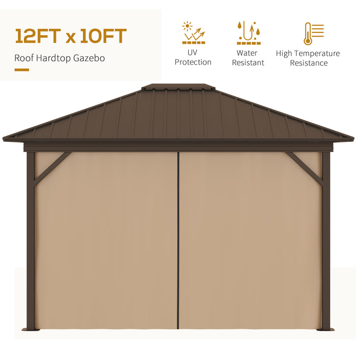 Outdoor Hardtop Gazebo 3.6x3m - Metal Roof Aluminum Frame with Mesh Nettings and Curtains, Brown - Spacious Patio Shelter for Garden Entertaining