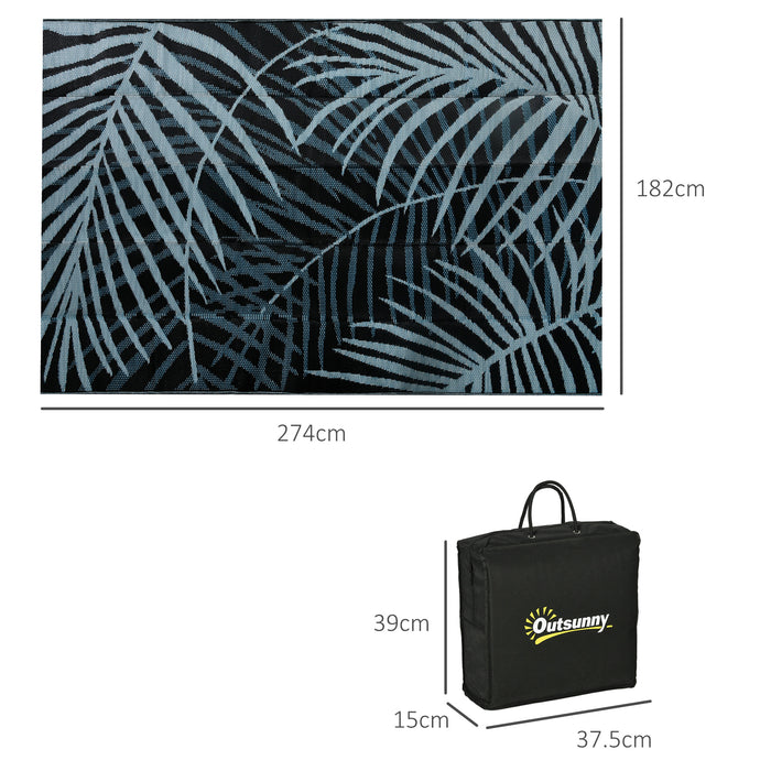 Reversible Blue and Black Plastic Straw Rug for RV Use - Durable Outdoor Mat 6x9 Feet with Portable Carry Bag - Ideal for Campers & Patio Decor