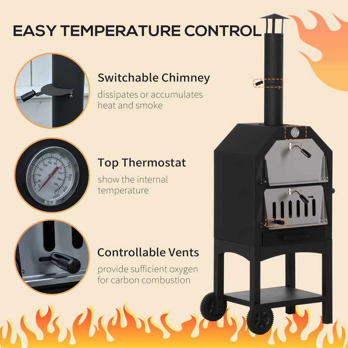 Outdoor Garden Pizza Oven - Charcoal-Fired BBQ Grill with 3-Tier Structure, Thermometer, and Chimney - Perfect for Garden Parties and Gatherings
