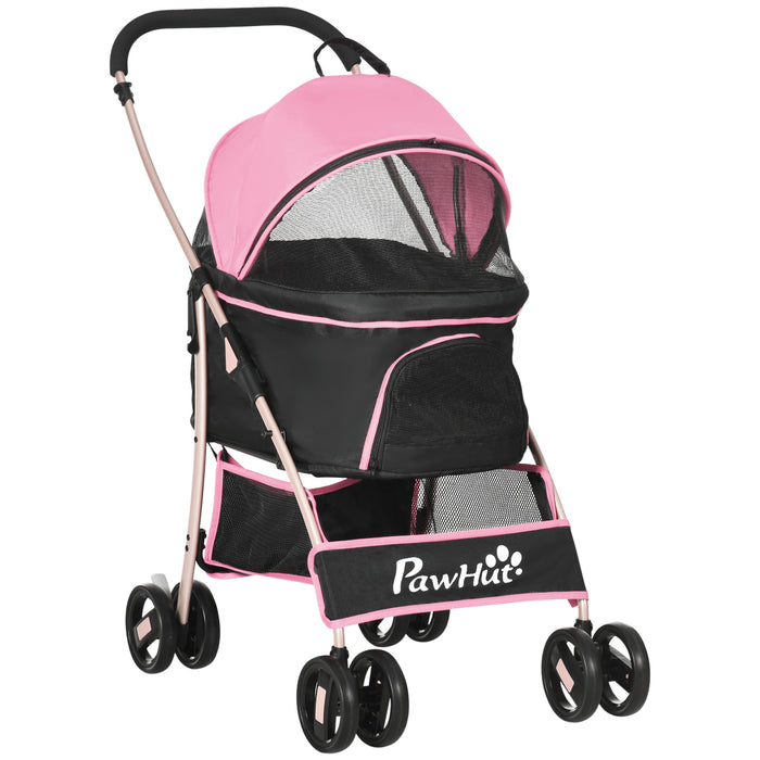 3-In-1 Detachable Pet Stroller - Dog and Cat Travel Carriage with Foldable Design, Universal Wheel Brake, Canopy, and Storage Basket - Ideal for Pet Transportation in Pink