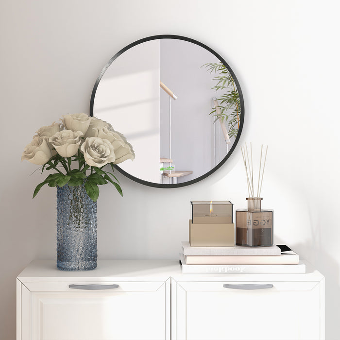 Aluminium-Framed Round Mirror - Contemporary Black Wall-Mounted Makeup Mirror for Bathroom or Living Room - Stylish Decor Enhancing Visual Space for Homes