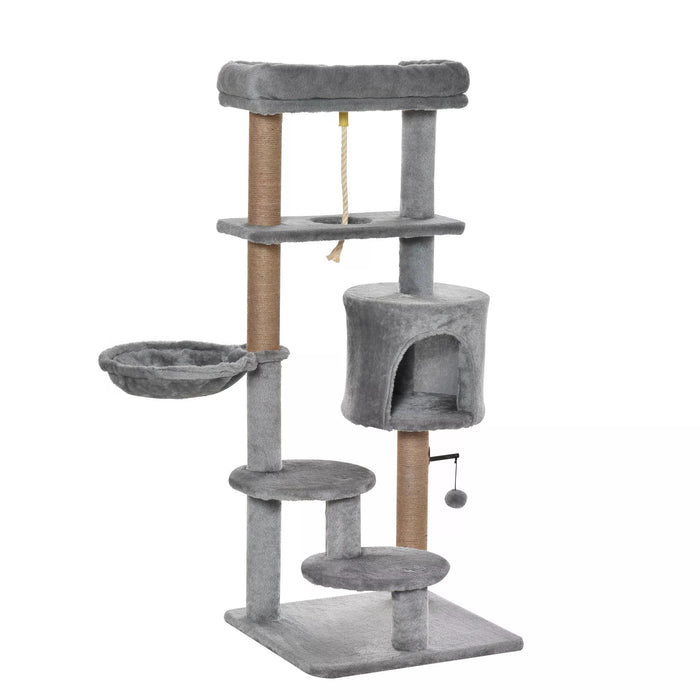 Luxury 120cm Jute Cat Tree - Scratching Post, Hammock, Perch, Hanging Ball, Teasing Rope, Condo Playhouse - Ideal for Cat's Play and Rest, Light Grey