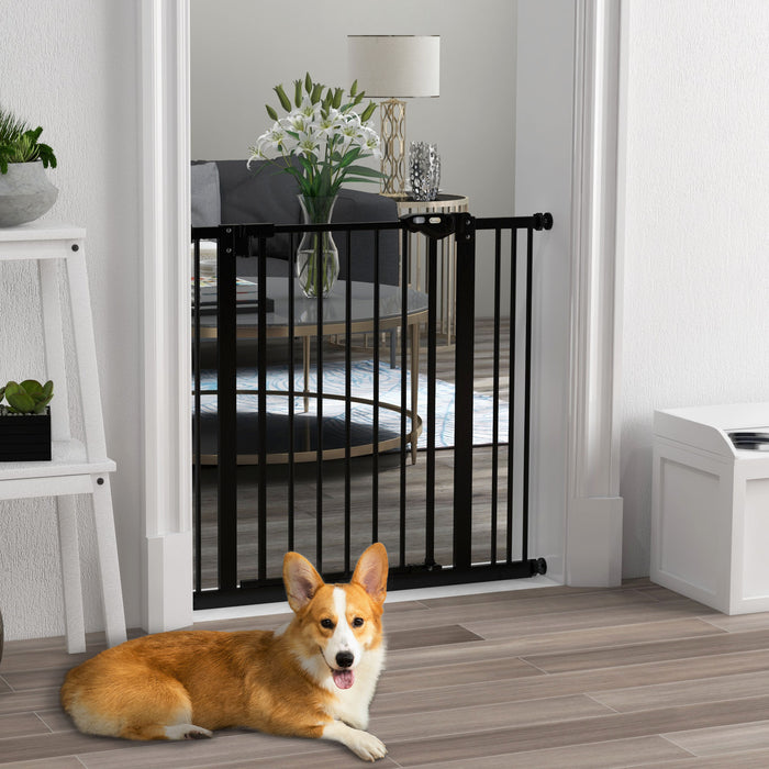 Adjustable Metal Dog Gate, 74-87cm Width, Black - Secure Pet Barrier for Home Safety - Ideal for Keeping Dogs Restricted in Certain Areas