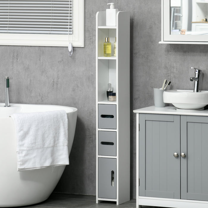Freestanding Tall Grey Bathroom Storage Cabinet - Modern Design with Open Shelves & 3 Cupboards - Ideal for Bathroom Organization, Bedroom & Hallway Spaces