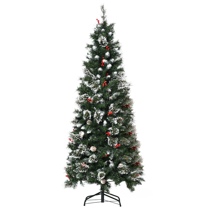 Slim Snow-Dipped Artificial Christmas Tree, 6ft with Pine Cones and Berries - Realistic 588 Branch Pencil Xmas Tree, Auto Open - Perfect for Small Spaces and Holiday Decor