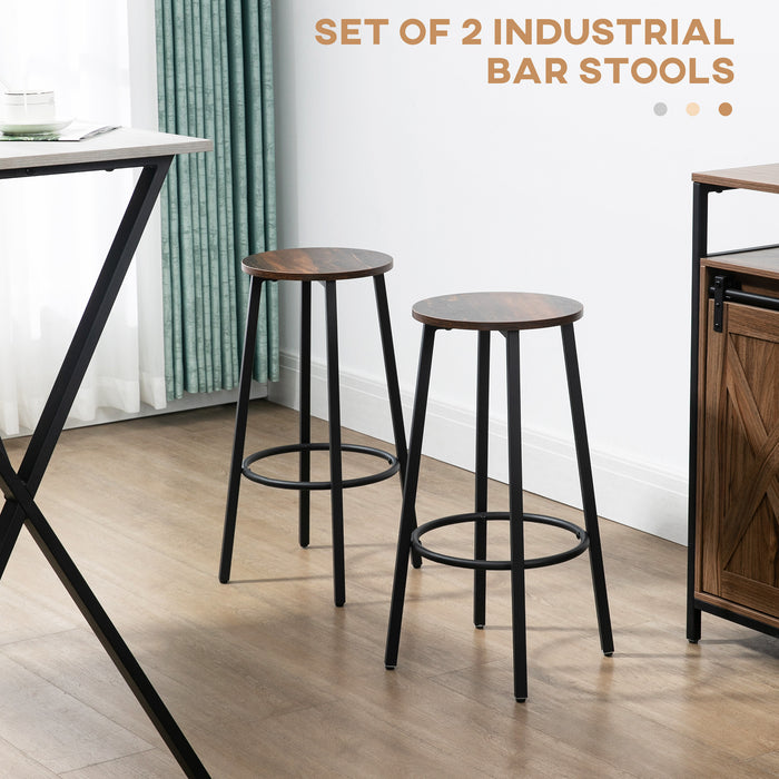 Set of 2 Industrial Bar Chairs with Steel Legs - Rustic Brown Stools with Round Footrest for Dining & Kitchen - Perfect for Home Bar and Entertaining Spaces