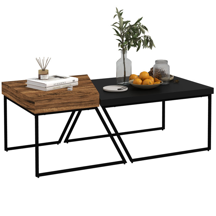Industrial Nesting Coffee Table Duo - Geometric Design with Steel Frame and Thick Tabletop - Ample Leg Space for Living Room Comfort