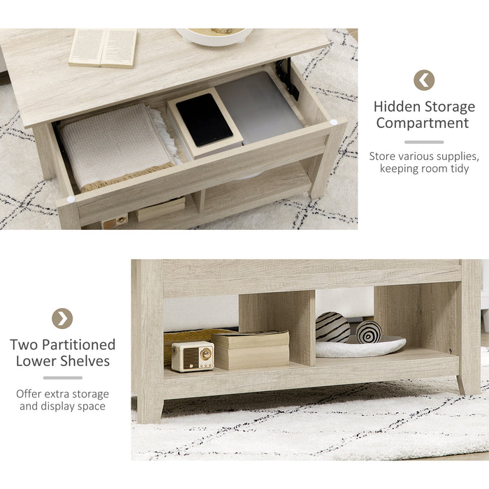 Lift-Top Oak Coffee Table - Hidden Storage, Pop-Up Tabletop, and Open Shelving - Versatile Living Room Centerpiece