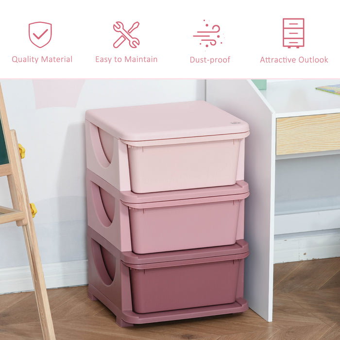 3-Tier Kids Storage Chest with Drawers - Vertical Pink Dresser Tower & Toy Organizer - Space-Saving Solution for Nursery & Playroom