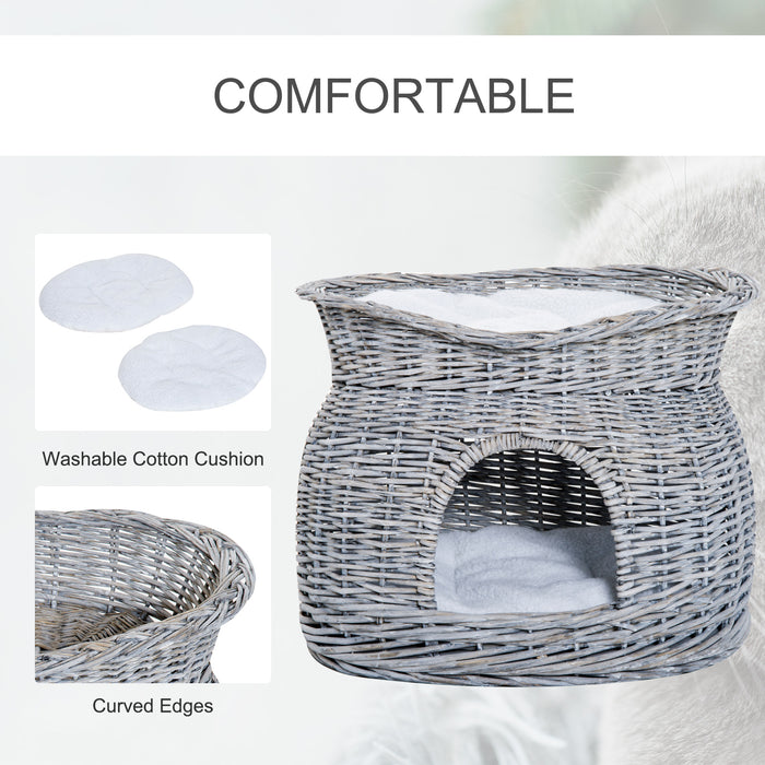 Elevated 2-Tier Cat Basket Bed with Plush Cushion - Gray Comfort Nest for Felines - Ideal for Lounging and Sleep
