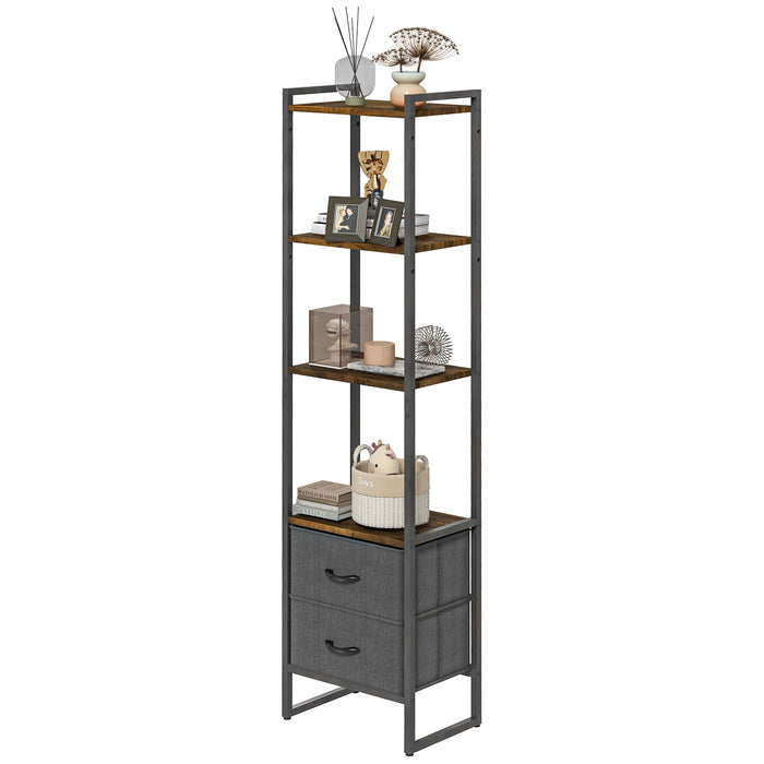 4-Tier Industrial Bookcase with Fabric Drawers - Rustic Brown Storage Shelf with Metal Frame for Versatility - Ideal for Living Room and Bedroom Organization