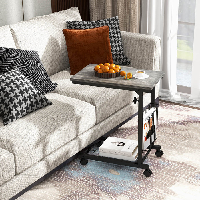 C-Shape Design - Adjustable End Table with Storage Basket in Black - Ideal for Limited Space Areas