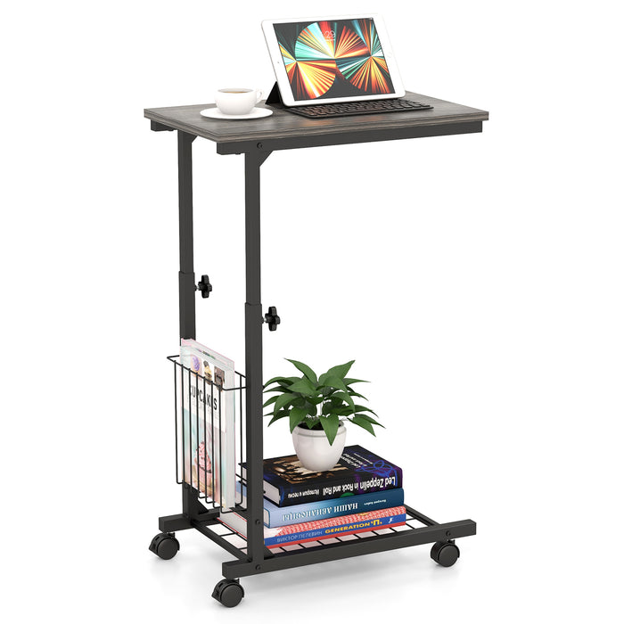 C-Shape Design - Adjustable End Table with Storage Basket in Black - Ideal for Limited Space Areas