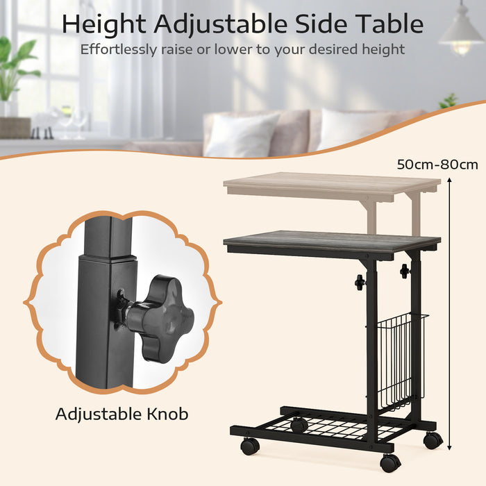 C-Shape Design - Adjustable End Table with Storage Basket in Black - Ideal for Limited Space Areas