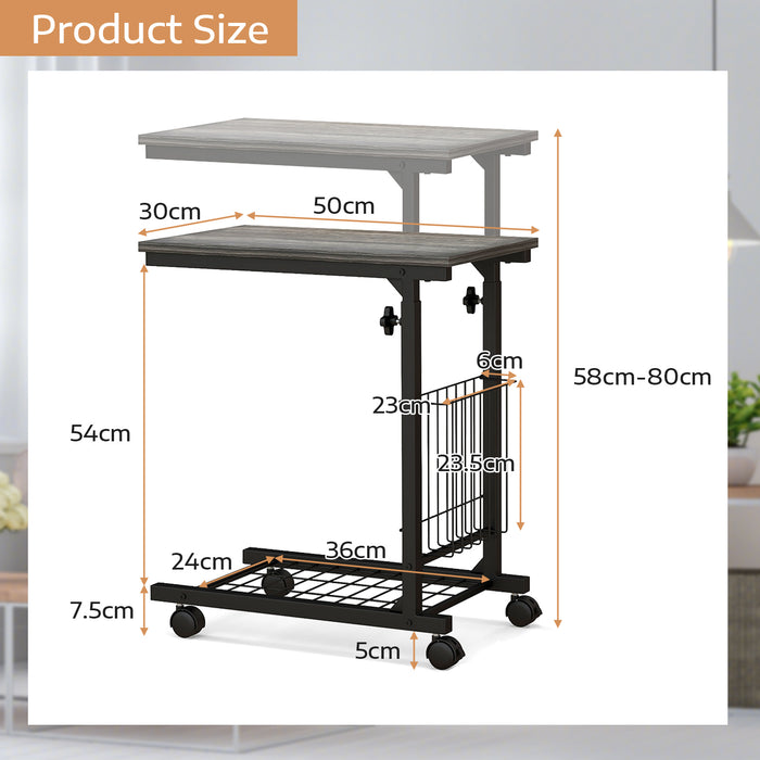 C-Shape Design - Adjustable End Table with Storage Basket in Black - Ideal for Limited Space Areas