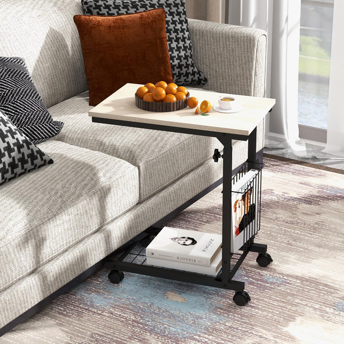 C-Shape Design - Adjustable End Table with Storage Basket in Black - Ideal for Limited Space Areas
