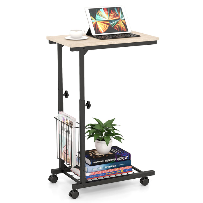 C-Shape Design - Adjustable End Table with Storage Basket in Black - Ideal for Limited Space Areas