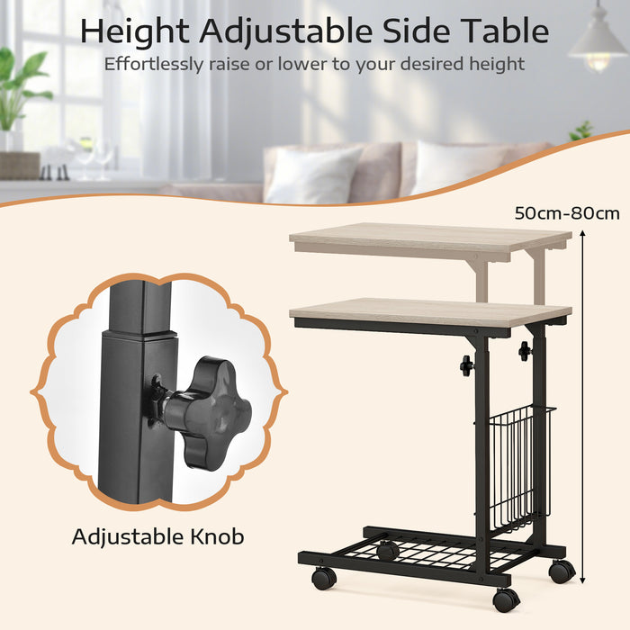 C-Shape Design - Adjustable End Table with Storage Basket in Black - Ideal for Limited Space Areas