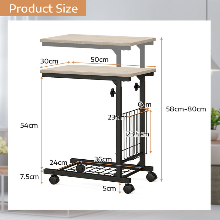 C-Shape Design - Adjustable End Table with Storage Basket in Black - Ideal for Limited Space Areas