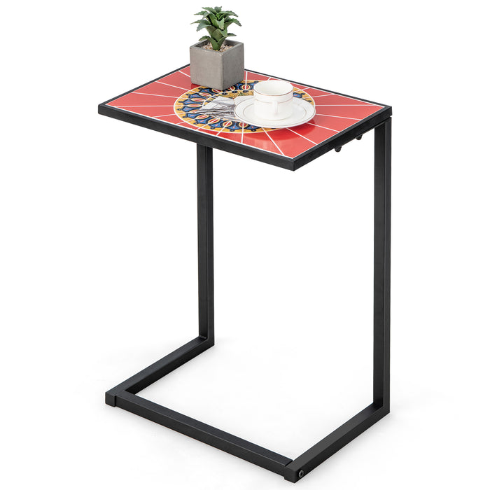 Outdoor Decor - C-Shaped Side Table with Ceramic Top and Metal Frame - Ideal for Patio or Balcony Use