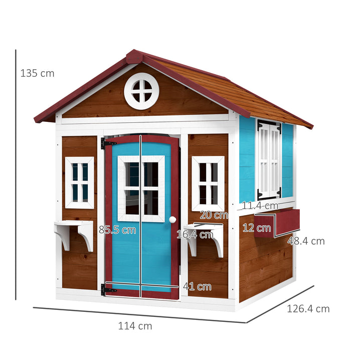 Wooden Playhouse for Kids - Interactive Features with Doors, Windows, & Plant Pots - Ideal for Children Aged 3-8 Years, Dark Brown