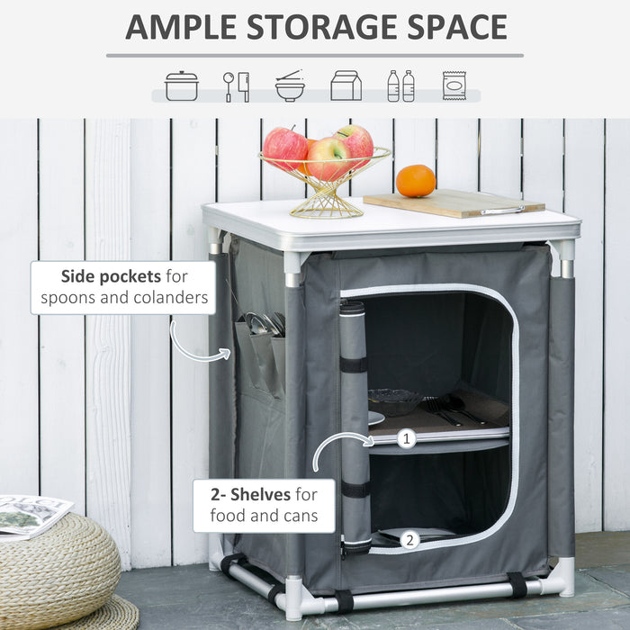 Portable Aluminum Camping Kitchen Station with 2 Shelves - Compact Storage Organizer for Outdoor Cooking and BBQ Parties - Ideal for Picnics and Backyard Gatherings with Convenient Carrying Bag