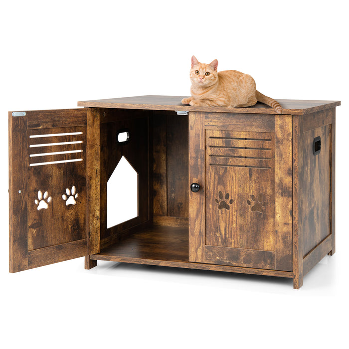 Louvered Doors Cat Litter Box Enclosure - Rustic Brown Design with Side Entrance - Ideal Solution for Keeping Litter Hidden and Contained