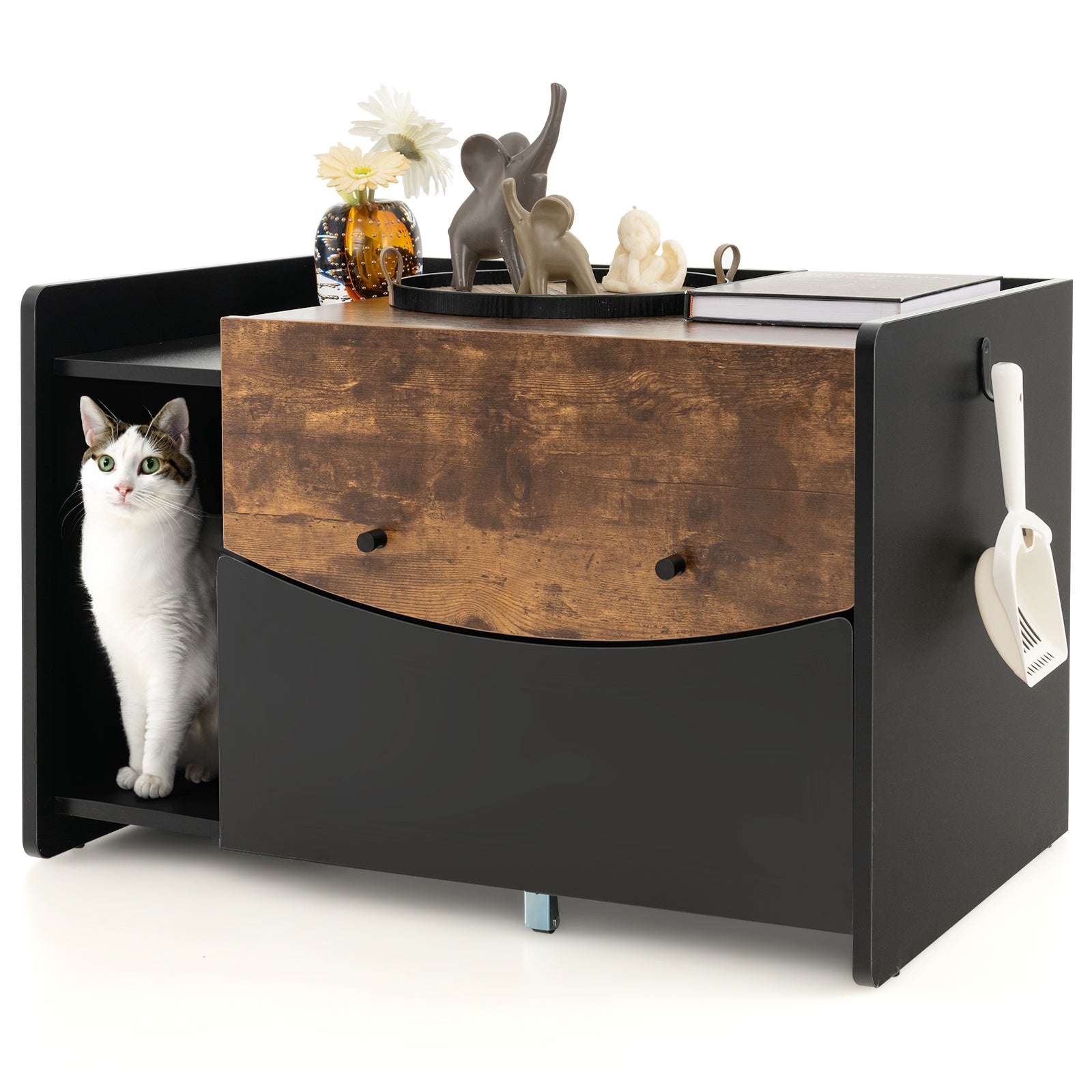 Cat Litter Box Enclosure - Pull-out Drawer, Rolling Caster, Flip Door in Black & Brown - Convenient and Stylish Solution for Pet Owners