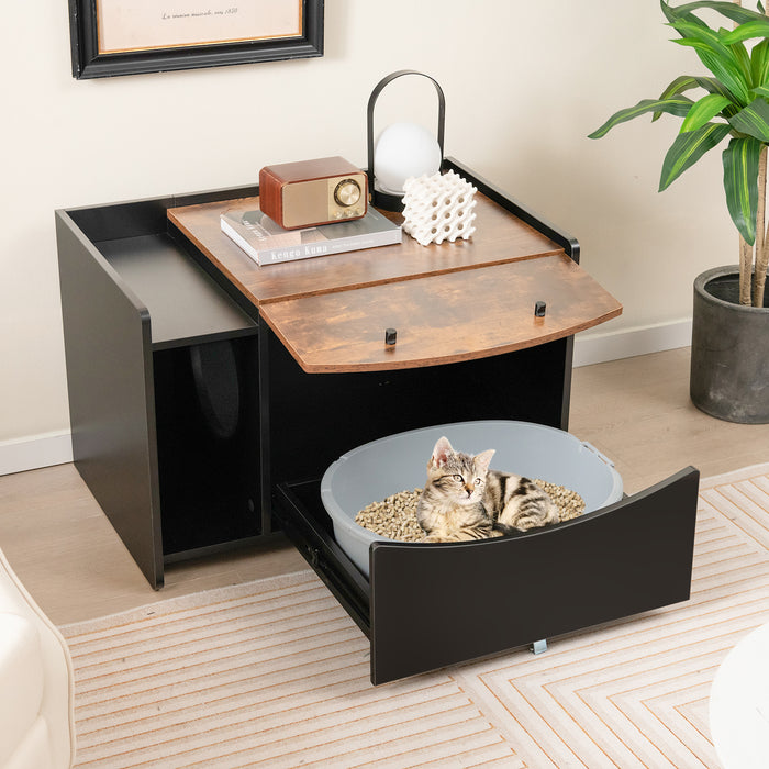 Cat Litter Box Enclosure - Pull-out Drawer, Rolling Caster, Flip Door in Black & Brown - Convenient and Stylish Solution for Pet Owners
