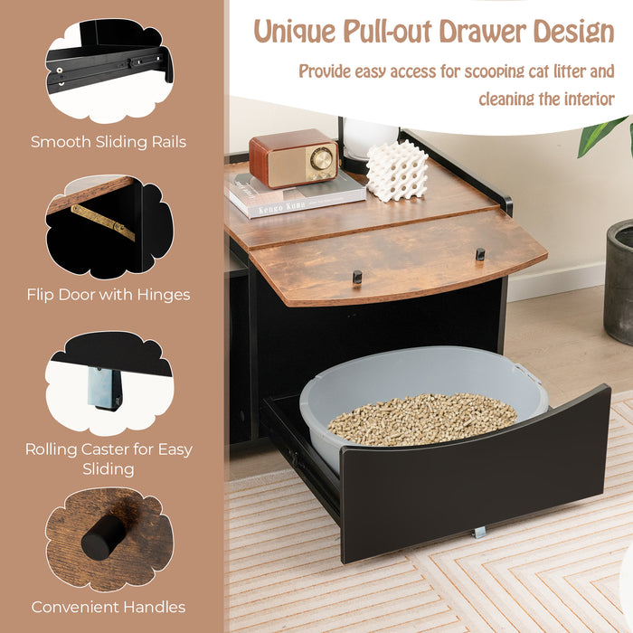 Cat Litter Box Enclosure - Pull-out Drawer, Rolling Caster, Flip Door in Black & Brown - Convenient and Stylish Solution for Pet Owners