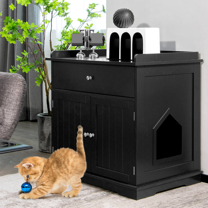 Chic Wooden Litter Box - Sleek Black Cat Litter Box with Hidden Washroom and Convenient Drawer - Perfect Solution for Discreet Pet Waste Management