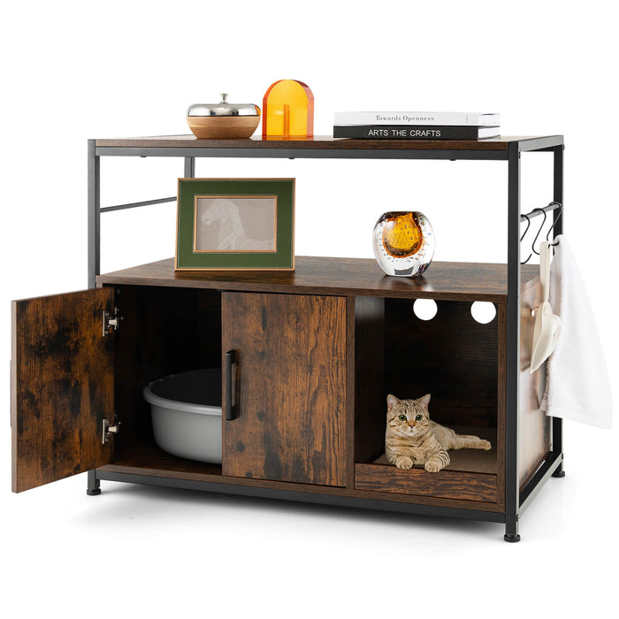 Cat Litter Box Enclosure - Rustic Brown with Scratching Pad and 2 Shelves - Ideal for Cat Owners Looking for Multifunctional Pet Furniture