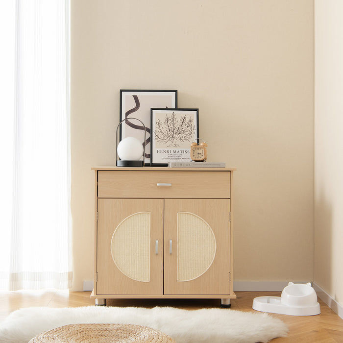 Cat Litter Box Enclosure - Sisal Scratching Doors and Drawer in Natural Finish - Perfect for Keeping Cat's Litter and Scratching Needs Hidden Away