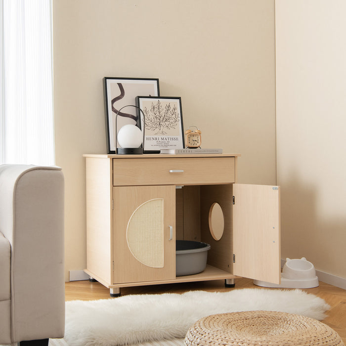 Cat Litter Box Enclosure - Sisal Scratching Doors and Drawer in Natural Finish - Perfect for Keeping Cat's Litter and Scratching Needs Hidden Away