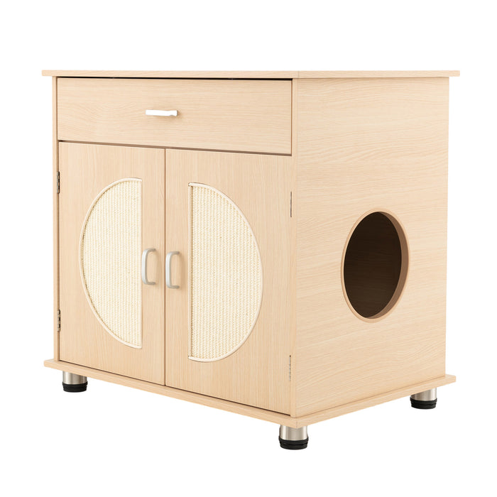 Cat Litter Box Enclosure - Sisal Scratching Doors and Drawer in Natural Finish - Perfect for Keeping Cat's Litter and Scratching Needs Hidden Away