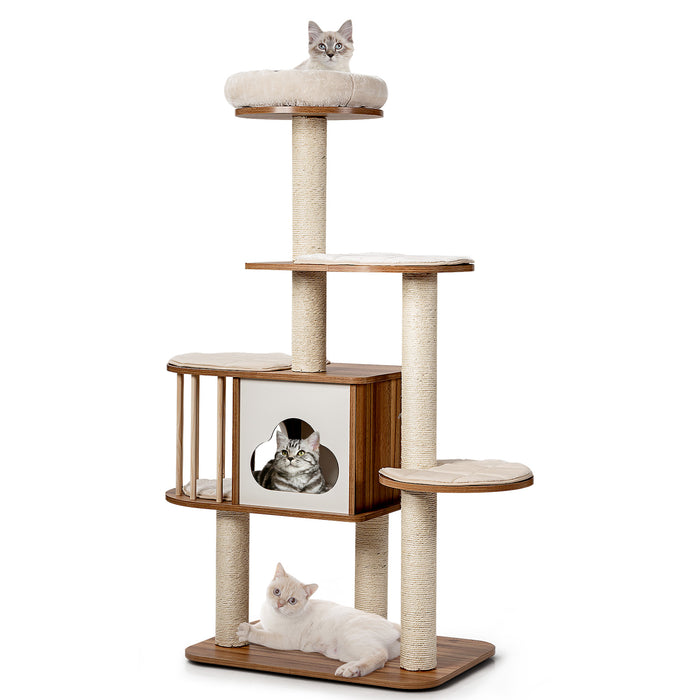 Indoor Cat Tree - Padded Plush Perch Features, Rich Brown Finish - Ideal for Domestic Felines Comfort and Play
