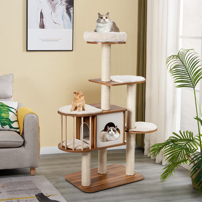 Indoor Cat Tree - Padded Plush Perch Features, Rich Brown Finish - Ideal for Domestic Felines Comfort and Play