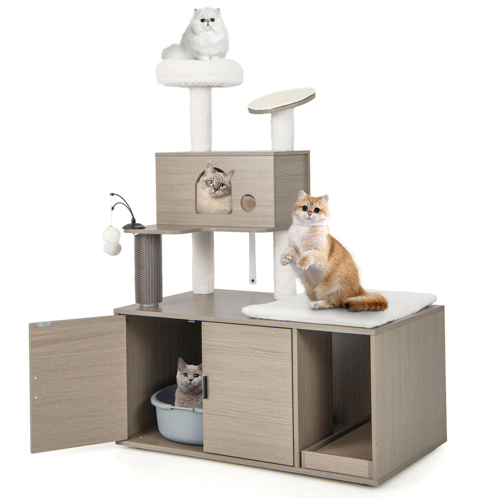 FurryPaws Deluxe Cat Tree - Grey-toned Condo with Litter Box Encapsulation - Perfect Solution for Keeping Cat Litter Discreet and Your Cats Occupied