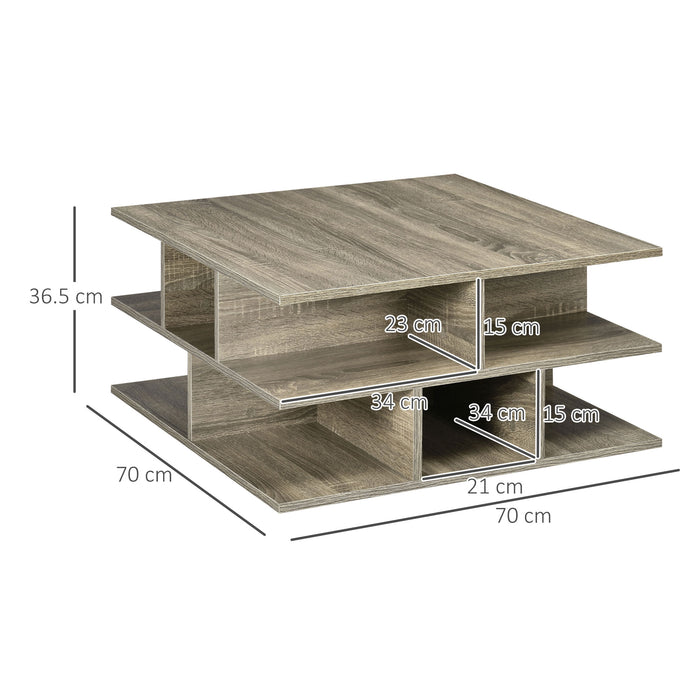 Modern Grey Square Coffee Table - Living Room Cocktail Furniture with Multiple Storage Shelves - Stylish Space-Saving Design for Contemporary Homes