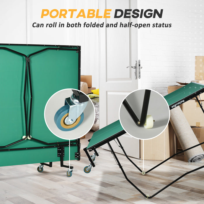Folding Portable Tennis Table - 9FT Weather-Resistant with Lockable Wheels - Ideal for Indoor & Outdoor Gameplay, Green