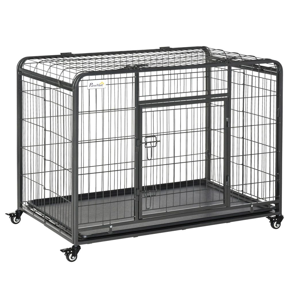 Heavy Duty Foldable Dog Crate - Double-Door Pet Cage with Removable Tray and Lockable Wheels - Durable Indoor Kennel and Playpen for Dogs