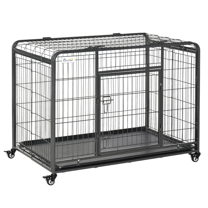 Heavy Duty Foldable Dog Crate - Double-Door Pet Cage with Removable Tray and Lockable Wheels - Durable Indoor Kennel and Playpen for Dogs