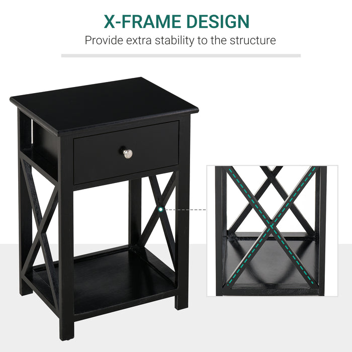 Vintage-Style End Table with Storage - Single Drawer & X-Bar Shelf for Organization - Ideal for Living Rooms and Bedrooms, 40x30x55 cm - Classic Black Finish
