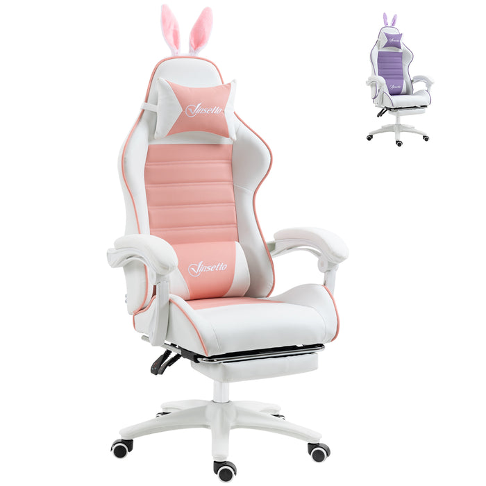 Racing-Style Gaming Chair with Removable Bunny Accents - Ergonomic PU Leather Recline, Headrest, Lumbar Support, and Extendable Footrest - Perfect for Gamers and Streamers with a Flair for Fun