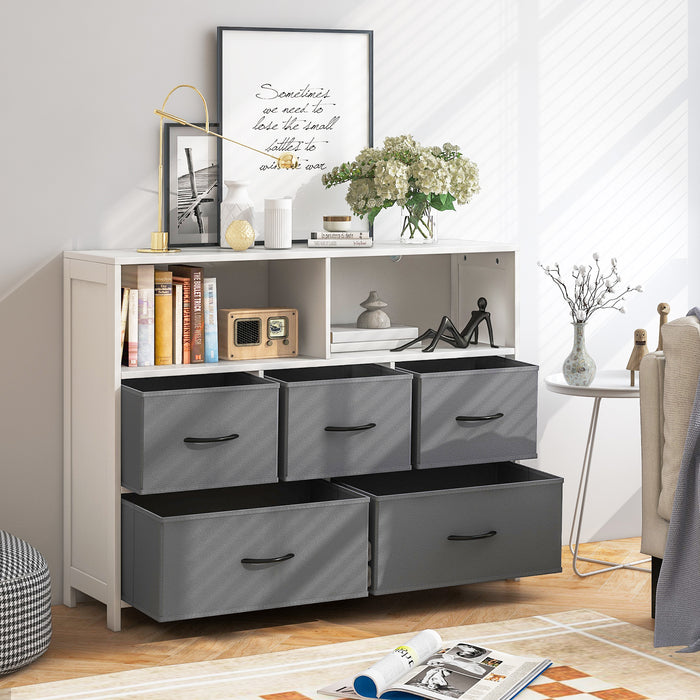 Modern Chest of Drawers - Versatile Storage Unit with 2 Large Fabric Bins and 3 Medium Bins - Perfect for Home Organization