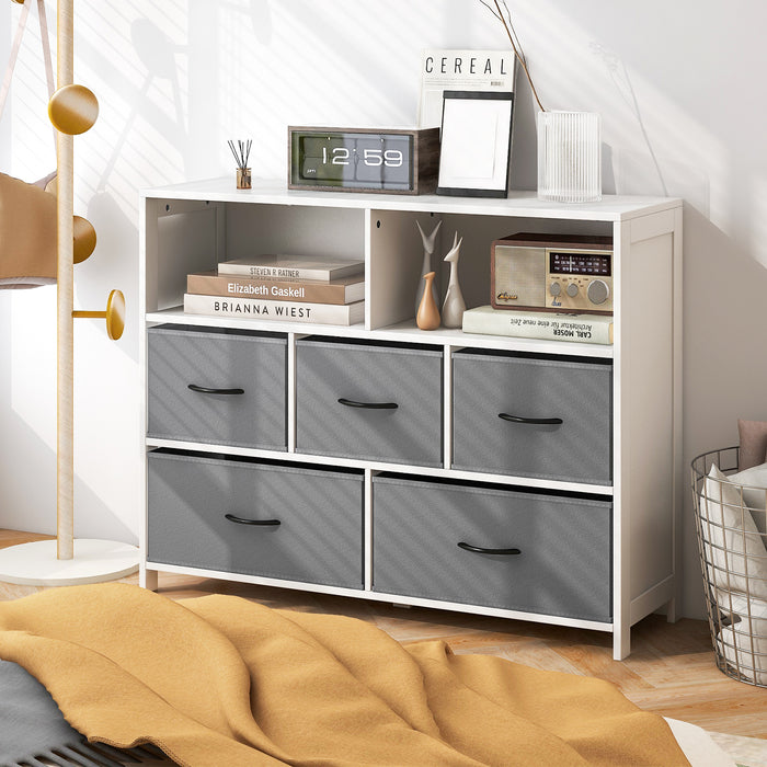 Modern Chest of Drawers - Versatile Storage Unit with 2 Large Fabric Bins and 3 Medium Bins - Perfect for Home Organization