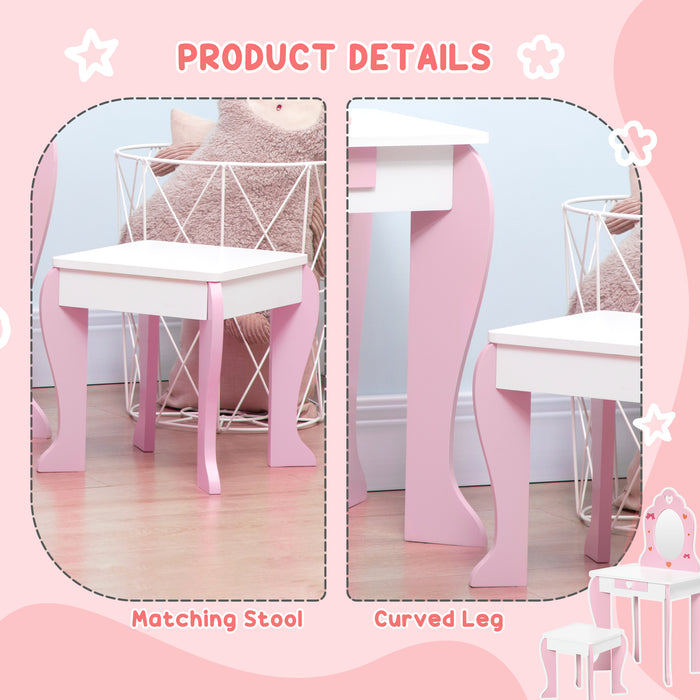 Kids Vanity Table and Stool Set - Pink Makeup Desk with Mirror, Drawer, and Cute Patterns - Ideal for Girls Aged 3-6 Years Old