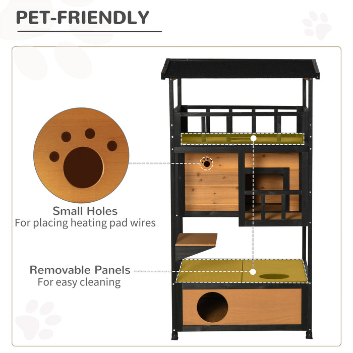 3-Tier Wooden Cat House - Winter-Ready Kitten Shelter with Tilted Roof, Terrace & Jump Step - Cozy Lodge for Cats with Elevated Base & Bottom Tray, Yellow