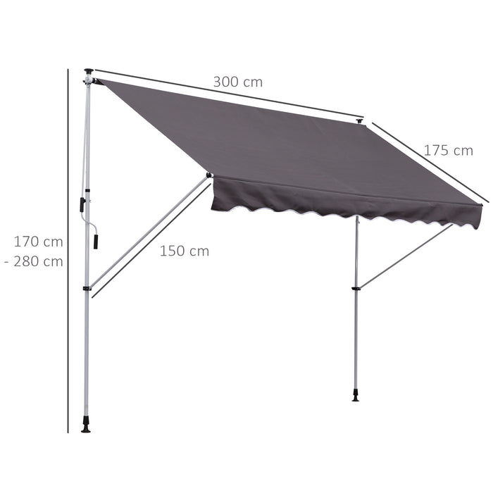 Balcony DIY Patio Awning - 3 x 1.5m Manual Retractable Canopy with Clamp, Adjustable Shade Shelter - Perfect for Outdoor Comfort in Grey